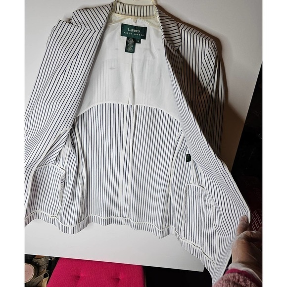 Lauren Ralph lauren White black stripes Blazer Medium. Cotton Blend. - Picture 11 of 11